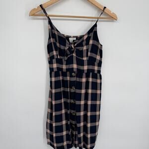 American Eagle Dress Women’s Medium Navy & Peach Plaid Milkmaid Croquet Smocked